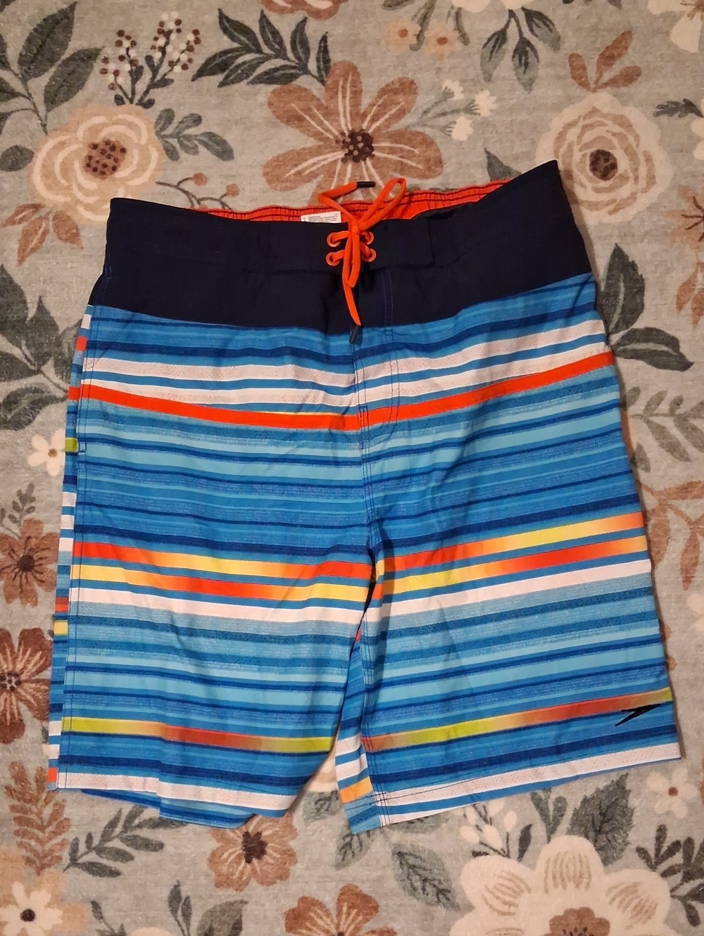 Speedo Blue Striped Board Shorts with Orange Drawstring